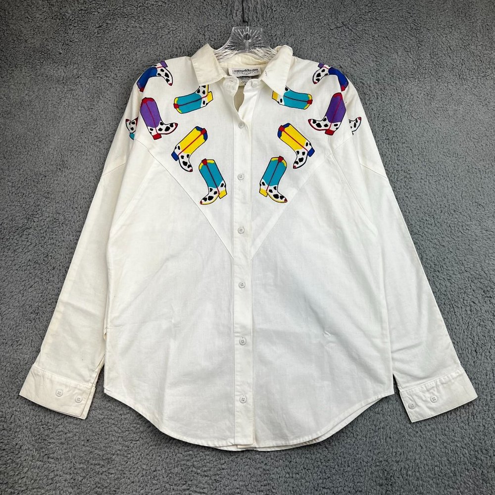 Vintage San Angelo Men's Long Sleeve Button Shirt Size M Cowboys Boots Graphic